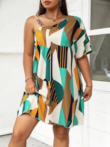 SHEIN Holidaya Plus Geo Print Asymmetrical Neck Tunic Dress - Black - View 3