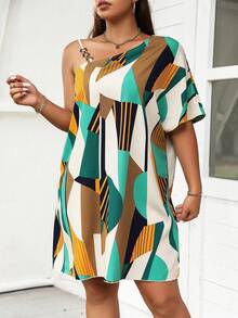 SHEIN Holidaya Plus Geo Print Asymmetrical Neck Tunic Dress - Black - View 4