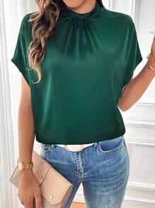 SHEIN Privé Blusa de cuello alto de manga murciélago - Verde Oscuro - Ver 1