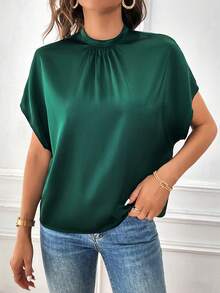 SHEIN Privé Blusa de cuello alto de manga murciélago - Verde Oscuro - Ver 4