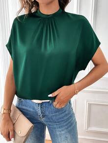 SHEIN Privé Blusa de cuello alto de manga murciélago - Verde Oscuro - Ver 5