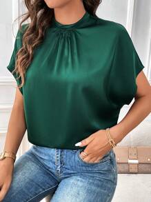 SHEIN Privé Blusa de cuello alto de manga murciélago - Verde Oscuro - Ver 3