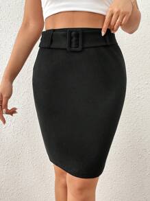 SHEIN Privé Solid Belted Bodycon Skirt - Black - View 3