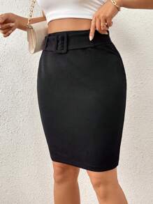 SHEIN Privé Solid Belted Bodycon Skirt - Black - View 1