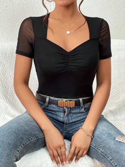 SHEIN Privé Contrast Mesh Ruched Sweetheart Neck Tee