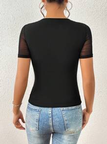 SHEIN Privé Contrast Mesh Ruched Sweetheart Neck Tee - Black - View 2