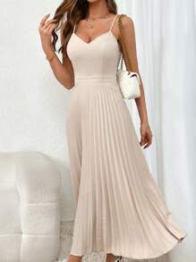 SHEIN Privé 素色百褶下擺吊帶連衣裙 - 杏色 - 查看 3