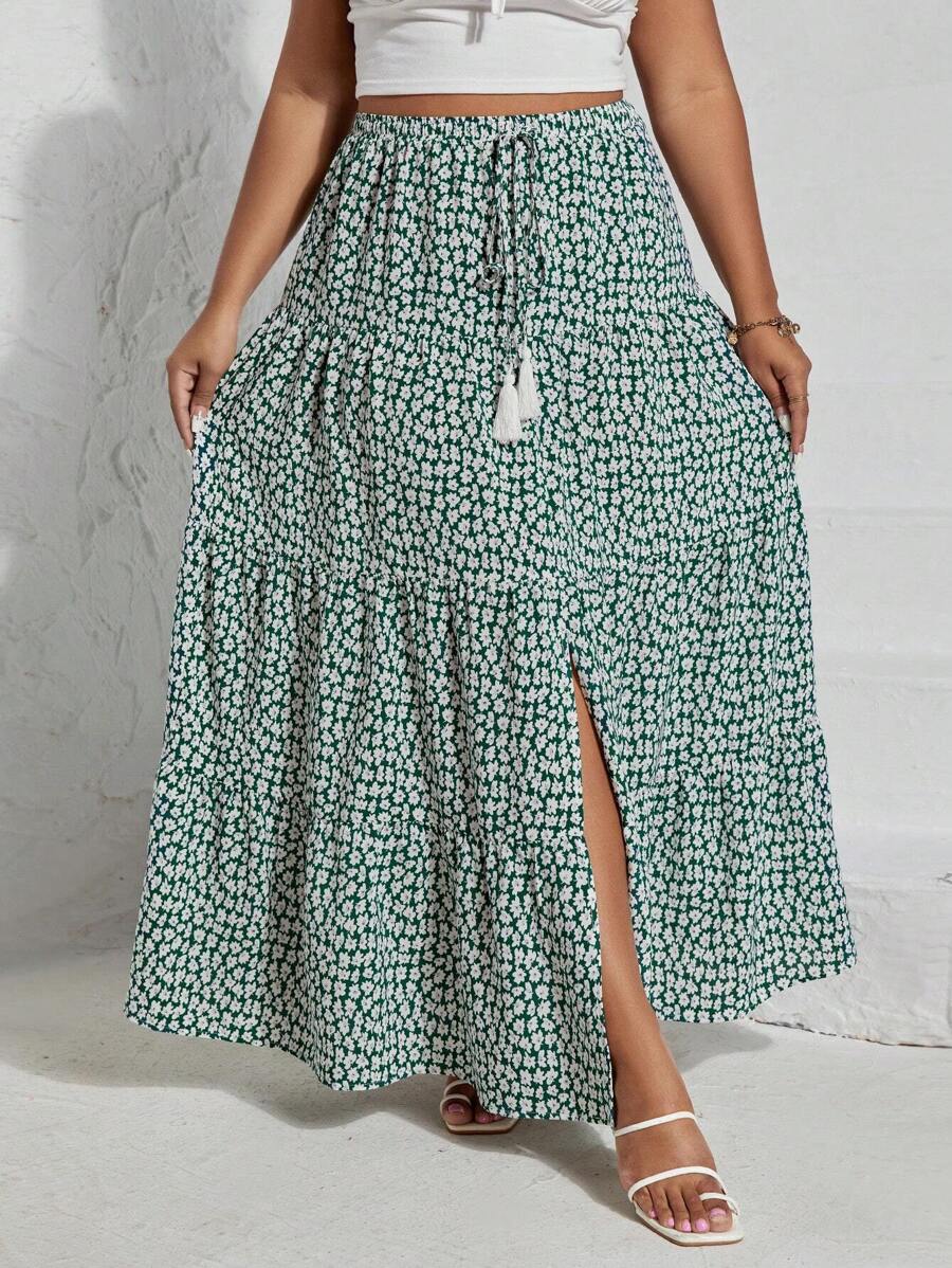 SHEIN VCAY 大码波西米亚风碎花印花流苏腰带荷叶边下摆半身裙，适合夏季 - 彩色 - 查看 1