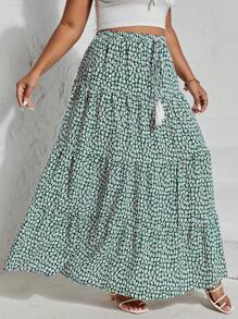 SHEIN VCAY 大码波西米亚风碎花印花流苏腰带荷叶边下摆半身裙，适合夏季 - 彩色 - 查看 4
