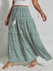 SHEIN VCAY 大码波西米亚风碎花印花流苏腰带荷叶边下摆半身裙，适合夏季 - 彩色 - 查看 6