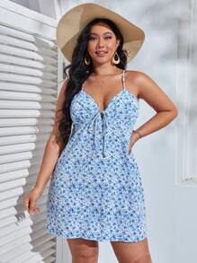 Dreamara Plus Ditsy Floral Tie Front Cami Dress - Blue and White - View 1