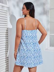 Dreamara Plus Ditsy Floral Tie Front Cami Dress - Blue and White - View 2