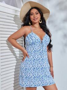 Dreamara Plus Ditsy Floral Tie Front Cami Dress - Blue and White - View 3