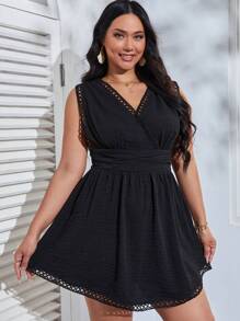 SHEIN VCAY Plus Guipure Lace Trim Ruched Waist Dress - White - View 1