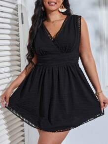 SHEIN VCAY Plus Guipure Lace Trim Ruched Waist Dress - White - View 4