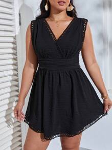 SHEIN VCAY Plus Guipure Lace Trim Ruched Waist Dress - White - View 3