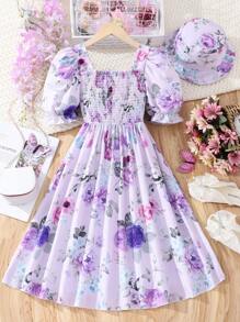 SHEIN 女孩印花泡泡袖洋裝附帽子 - 紫色 - 查看 1