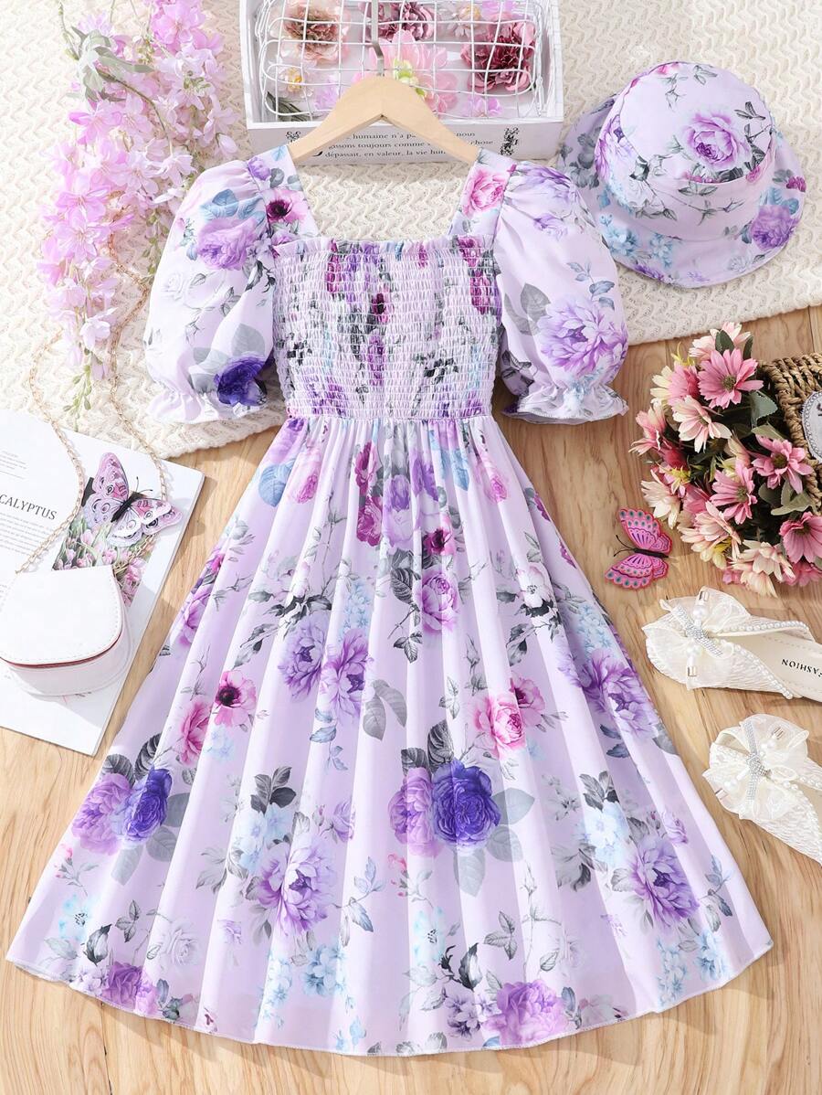 SHEIN 女孩印花泡泡袖洋裝附帽子 - 紫色 - 查看 1
