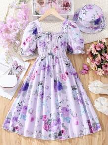 SHEIN 女孩印花泡泡袖洋裝附帽子 - 紫色 - 查看 2