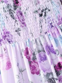 SHEIN 女孩印花泡泡袖洋裝附帽子 - 紫色 - 查看 4