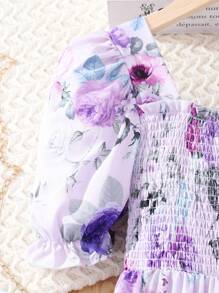 SHEIN 女孩印花泡泡袖洋裝附帽子 - 紫色 - 查看 5