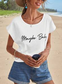 EURMUSE Letter Graphic Batwing Sleeve Tee - White - View 1