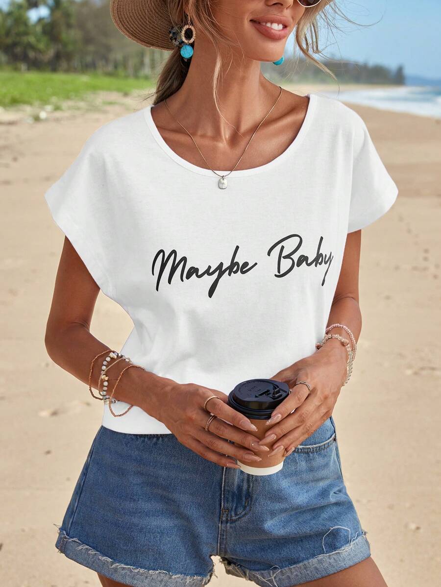 EURMUSE Letter Graphic Batwing Sleeve Tee - White - View 1