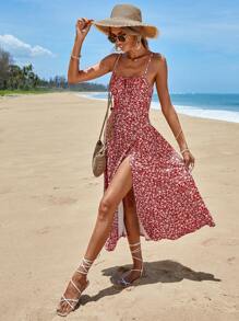 RueChic Ditsy Floral Print Split Thigh Cami Dress - Red - View 1