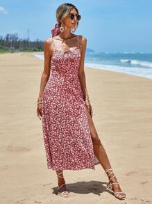 RueChic Ditsy Floral Print Split Thigh Cami Dress - Red - View 4