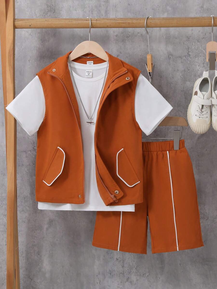 SHEIN 男孩3入組/套撞色滾邊夾克背心,純白色短袖T恤和短褲適合夏天和秋天 - 彩色 - 查看 1