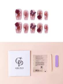 轉換你指甲片帶10入組長款棺材花朵裝飾全覆蓋假指甲套裝 - 紅白色 - 查看 2