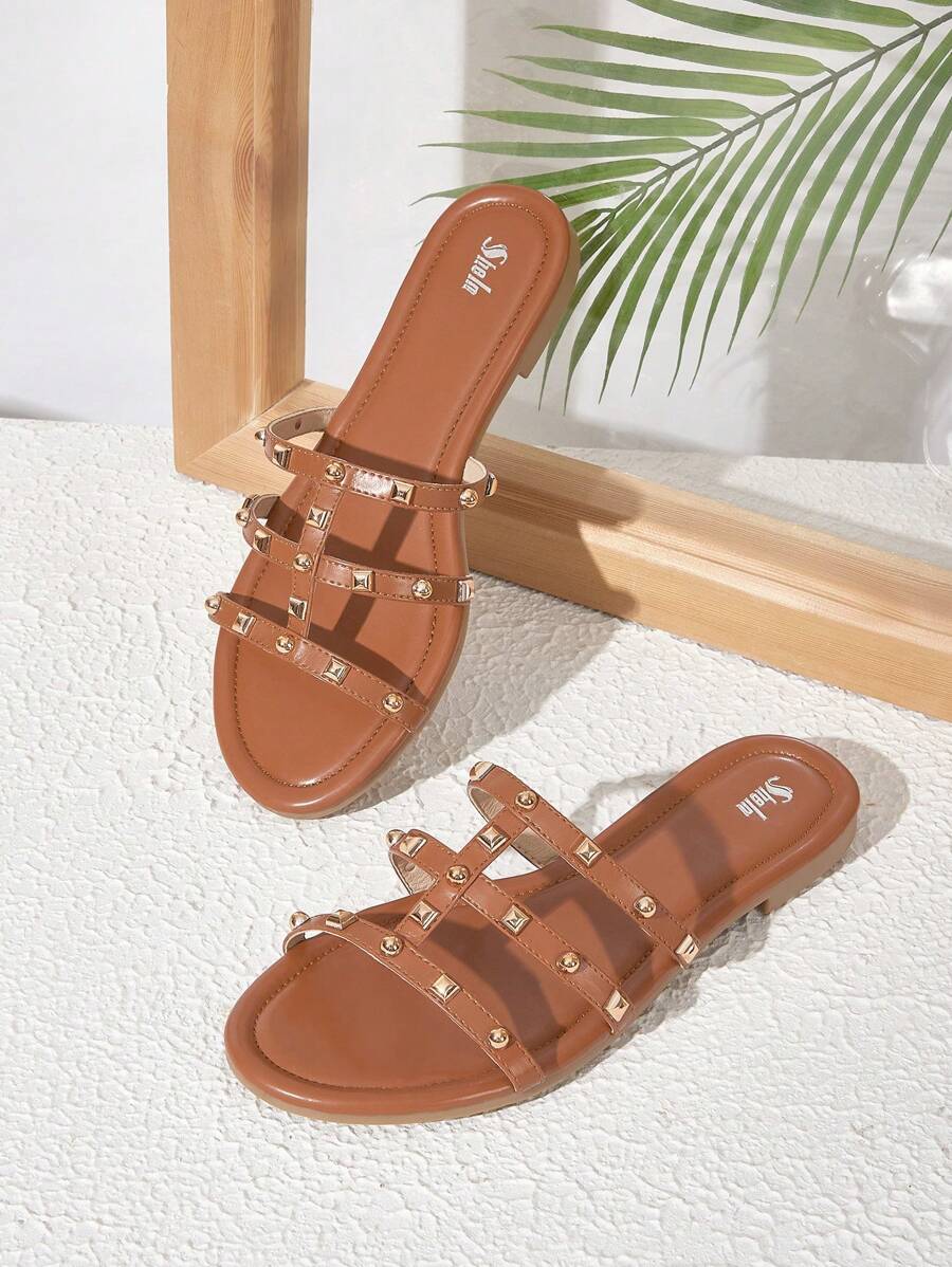 SheIn VCAY Xăng đan bệt trang trí đính đá cho nữ, Xăng đan trượt màu nâu thời trang - màu nâu - Xem 1