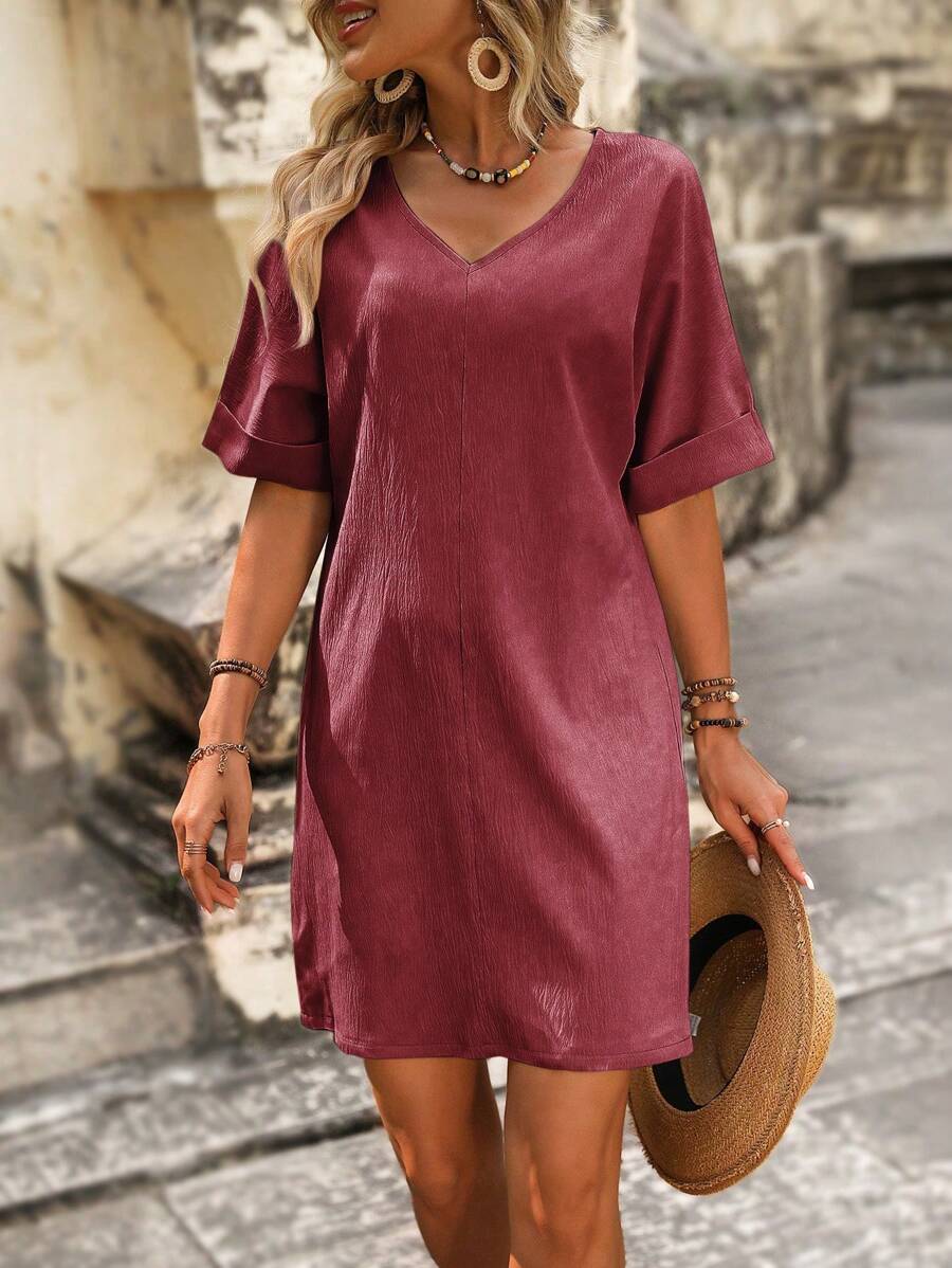 SHEIN LUNE Solid V Neck Tunic Dress - Red - View 1