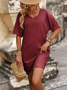 SHEIN LUNE Solid V Neck Tunic Dress - Red - View 3