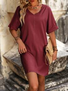 SHEIN LUNE Solid V Neck Tunic Dress - Red - View 4