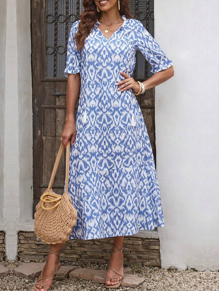 Allover Print Tie Front Dress