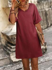 SHEIN LUNE Solid V Neck Tunic Dress - Red - View 5