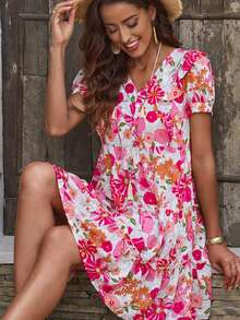 印花荷葉邊娃娃裙 - 彩色 - 查看 3