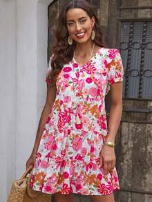 印花荷葉邊娃娃裙 - 彩色 - 查看 5