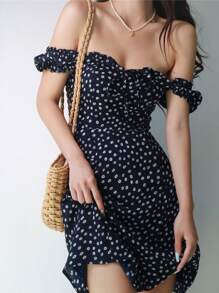 Ditsy Floral Bardot Knot Front Shirred Back Dress - Navy Blue - View 1