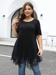 Nemidor Plus Fringe Hem Tee - Black - View 4