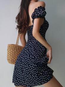 Ditsy Floral Bardot Knot Front Shirred Back Dress - Navy Blue - View 2