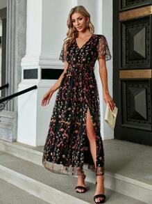 Simplee Đầm Thắt lưng Thêu Trọn gói Tách cao Hoa Tất cả trên in Boho - Nhiều màu - Xem 1