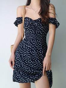 Ditsy Floral Bardot Knot Front Shirred Back Dress - Navy Blue - View 4