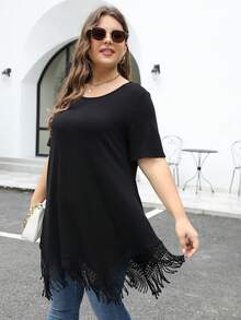 Nemidor Plus Fringe Hem Tee - Black - View 6