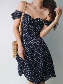 Ditsy Floral Bardot Knot Front Shirred Back Dress - Navy Blue - View 5