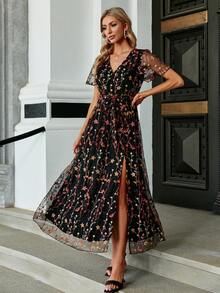 Simplee Đầm Thắt lưng Thêu Trọn gói Tách cao Hoa Tất cả trên in Boho - Nhiều màu - Xem 5