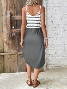 SHEIN LUNE Vestido de tirantes con estampado de rayas bajo con abertura - Gris Claro - Ver 2