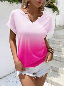 SHEIN LUNE Ombre Notched Neck Batwing Sleeve Tee - Hot Pink - View 7