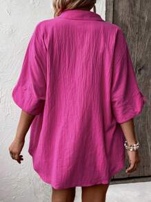 Mulvari Bộ thời trang Plus Size Nút phía trước màu trơn Giải trí - Màu Hồng Tươi - Xem 2